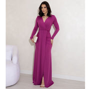 Vestido de Festa Longo Drapeado com Fenda e Manga Longa para Madrinha