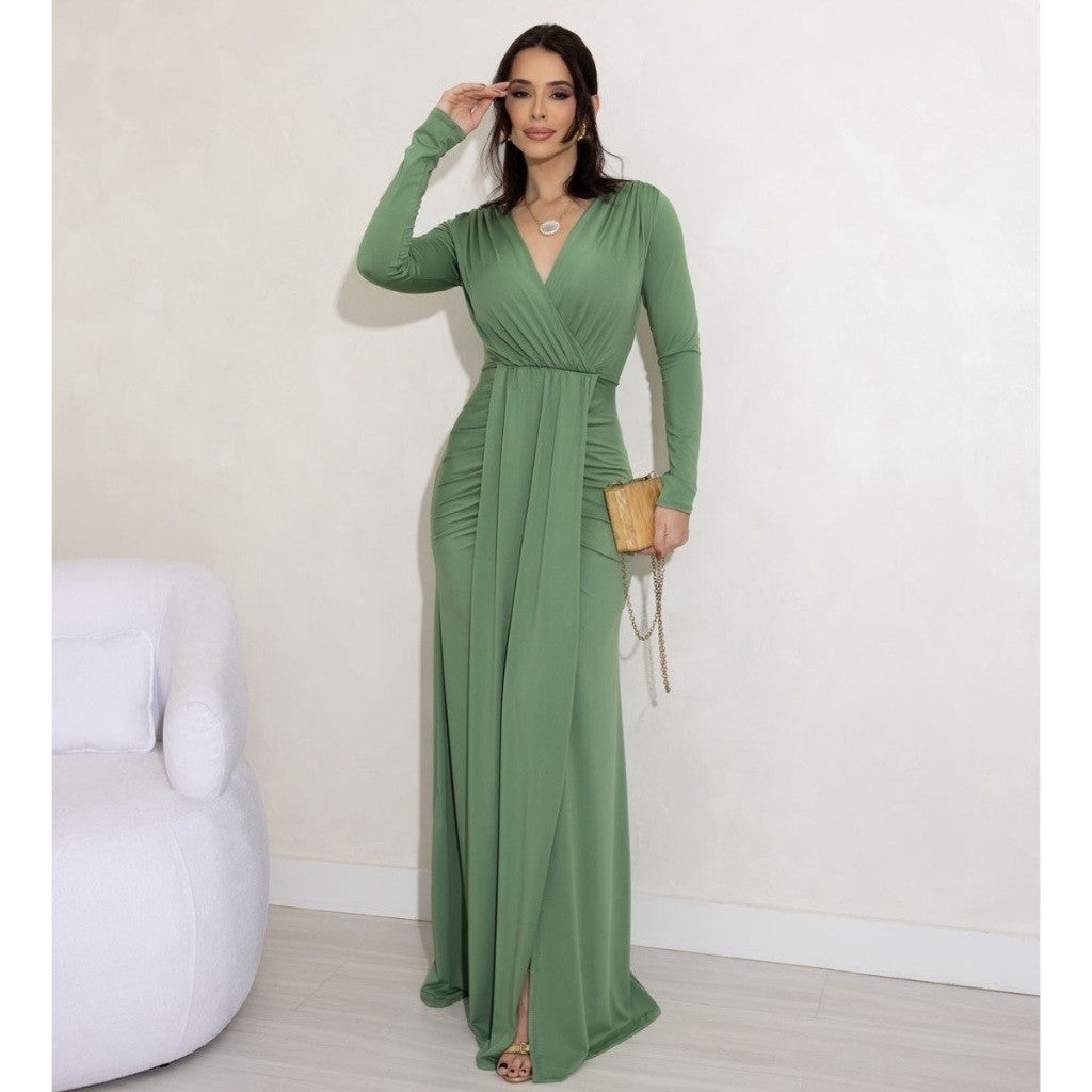 Vestido de Festa Longo Drapeado com Fenda e Manga Longa para Madrinha