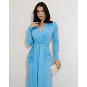 Vestido de Festa Longo Drapeado com Fenda e Manga Longa para Madrinha