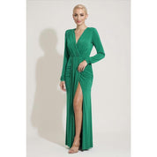 Vestido de Festa Longo Drapeado com Fenda e Manga Longa para Madrinha