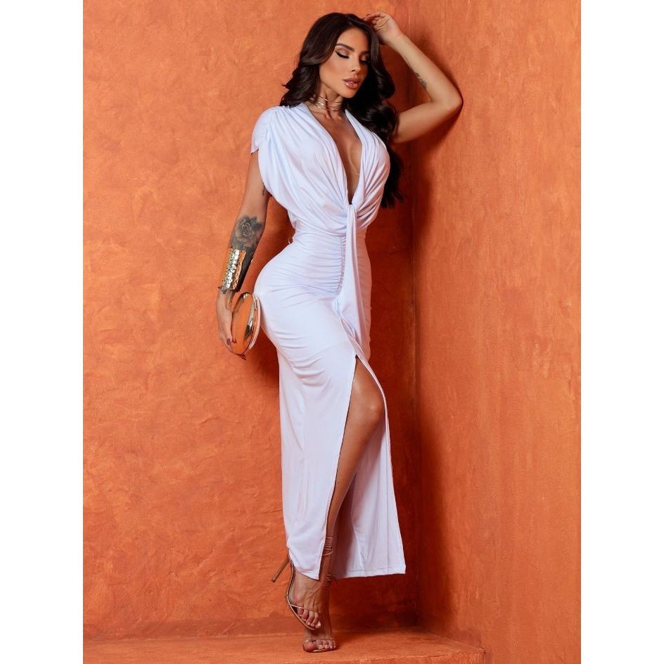 Vestido Longo Fenda Frente Decote V Para Casamento Festas , Formatura, Eventos