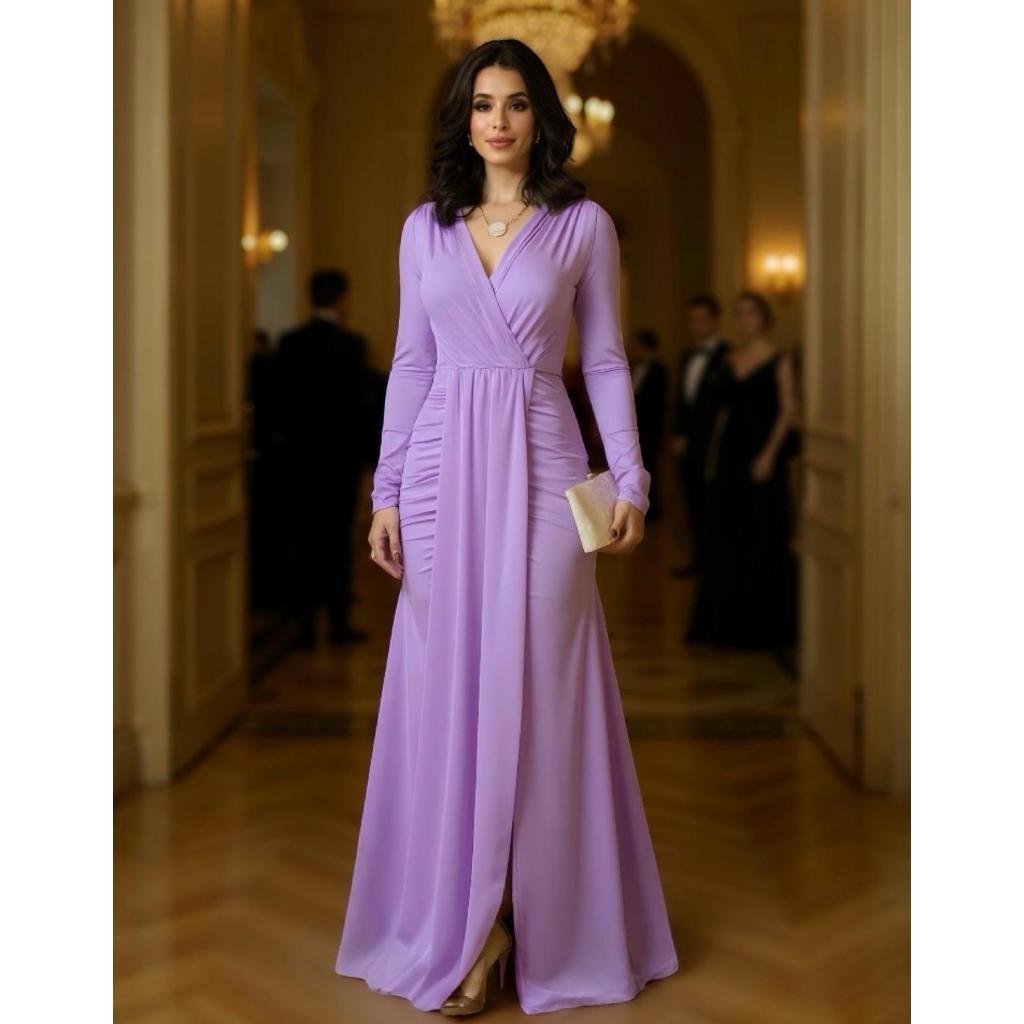 Vestido de Festa Longo Drapeado com Fenda e Manga Longa para Madrinha