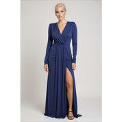 Vestido de Festa Longo Drapeado com Fenda e Manga Longa para Madrinha