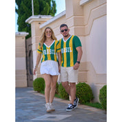 Camiseta Masculina Tricot Brasil Tecido Vazado Decote V Malhado Look Brasil Copa