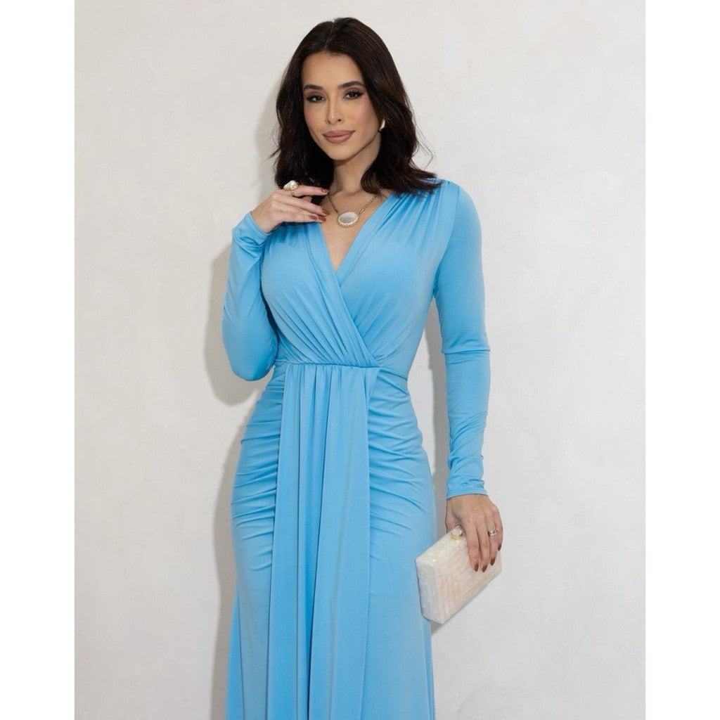 Vestido de Festa Longo Drapeado com Fenda e Manga Longa para Madrinha
