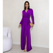 Vestido de Festa Longo Drapeado com Fenda e Manga Longa para Madrinha