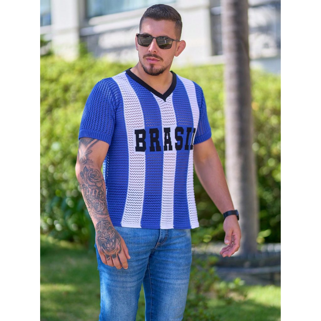 Camiseta Masculina Tricot Brasil Tecido Vazado Decote V Malhado Look Brasil Copa