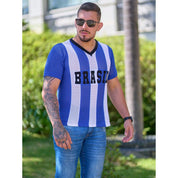 Camiseta Masculina Tricot Brasil Tecido Vazado Decote V Malhado Look Brasil Copa