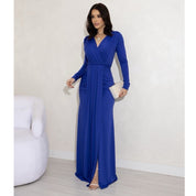 Vestido de Festa Longo Drapeado com Fenda e Manga Longa para Madrinha