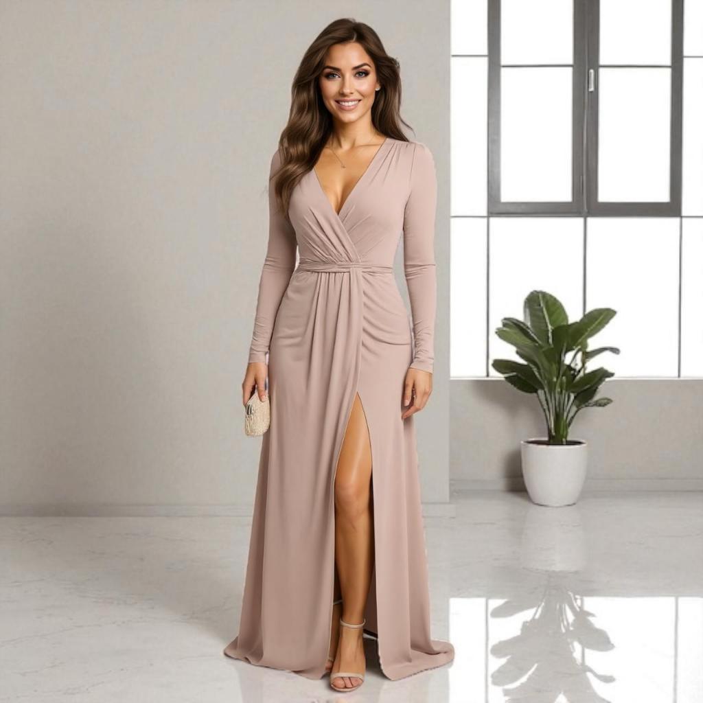 Vestido de Festa Longo Drapeado com Fenda e Manga Longa para Madrinha