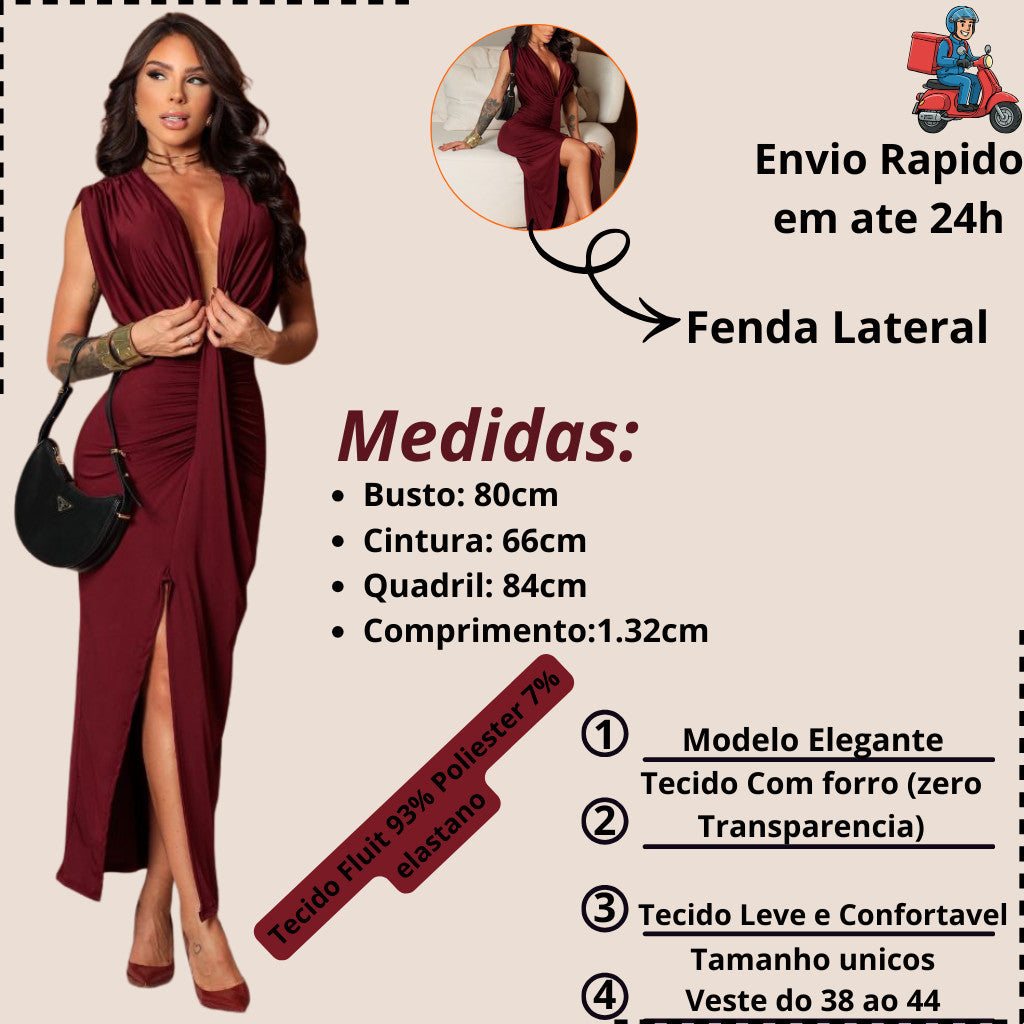 Vestido Longo Fenda Frente Decote V Para Casamento Festas , Formatura, Eventos