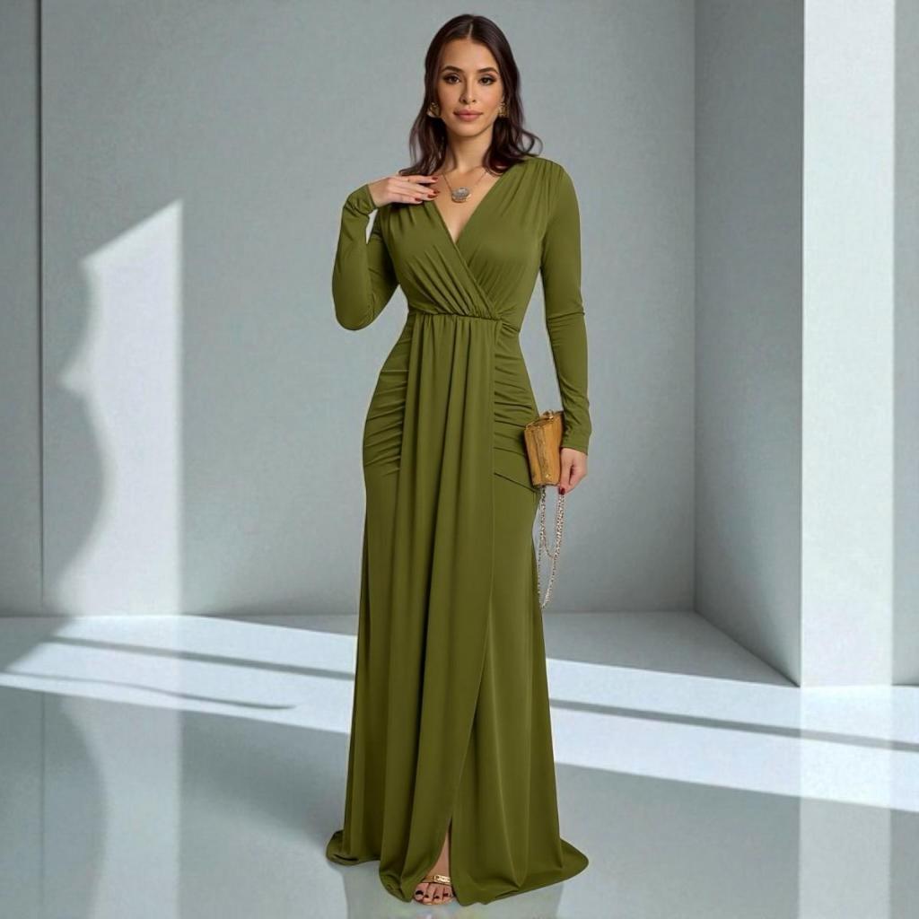 Vestido de Festa Longo Drapeado com Fenda e Manga Longa para Madrinha