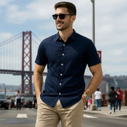 Camisa Linho Masculina Social Gola Italiana Casual Luxo Premium Manga Curta