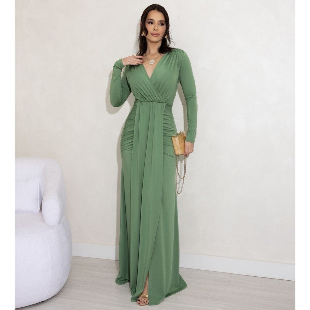 Vestido de Festa Longo Drapeado com Fenda e Manga Longa para Madrinha